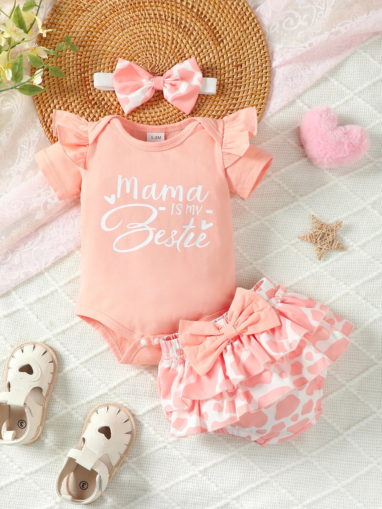 0-2 Year Old Baby Summer Solid Color Short Sleeved Letter Printed Round Neck Bread Shorts Bow Set Baby Clothing