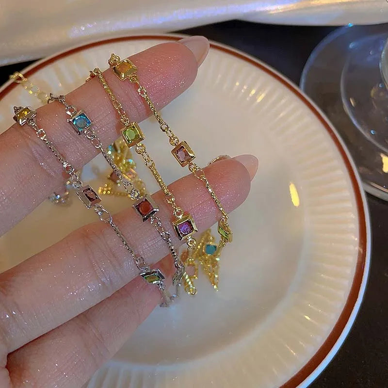 Hot Sale Colorful Square Rhinestone Necklace Fashion Exquisite Light Luxury Zircon Clavicle Chain Female Wedding Jewelry Gifts