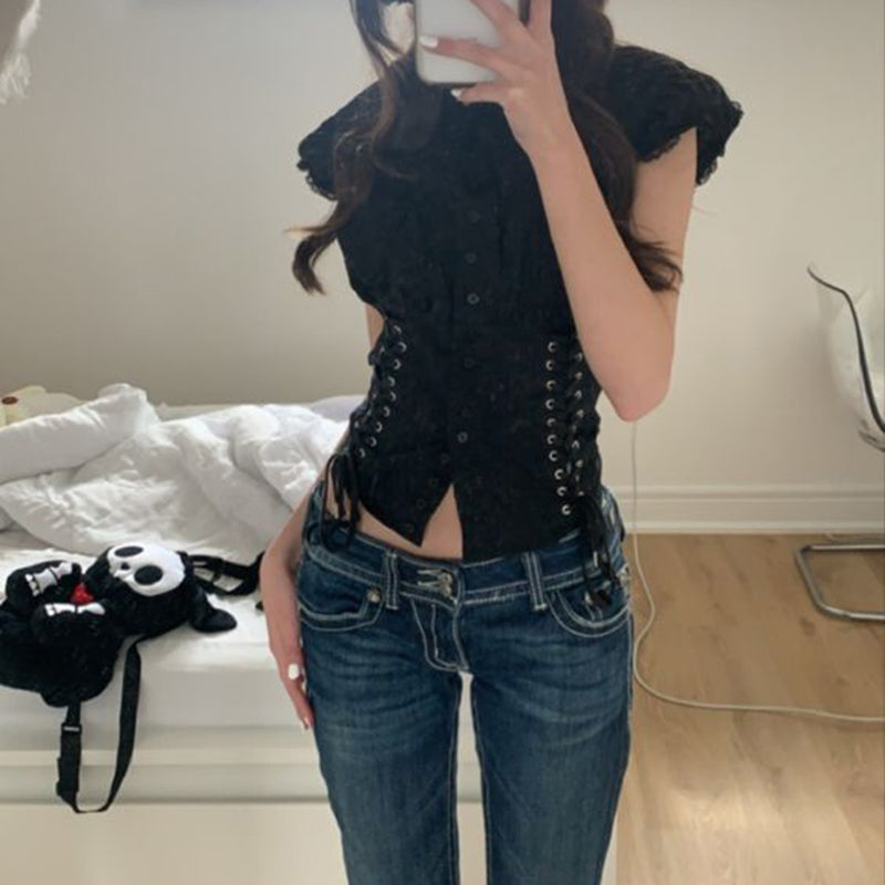 00s Retro Y2K Lace Trim Button Up Croset T-Shirt Korean Grunge Bandage Crop Top Gothic Punk Style Aesthetic Tees Women Clothes