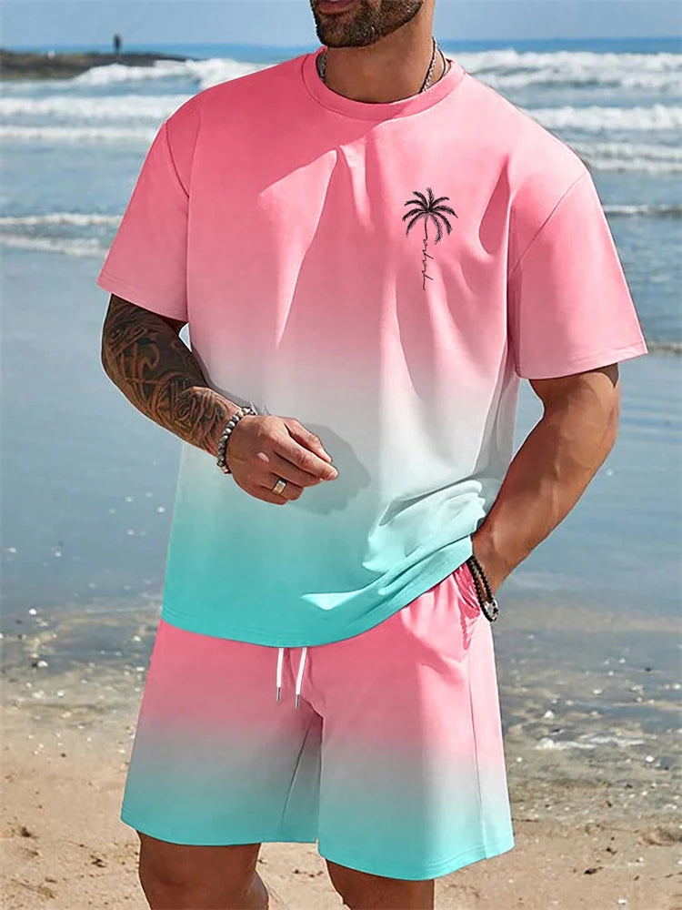 Summer Men's Suit Sportswear Fashion Casual Short Sleeve Vacation Style Gradient Printing Men's T-Shirt Shorts Suit Menswear
