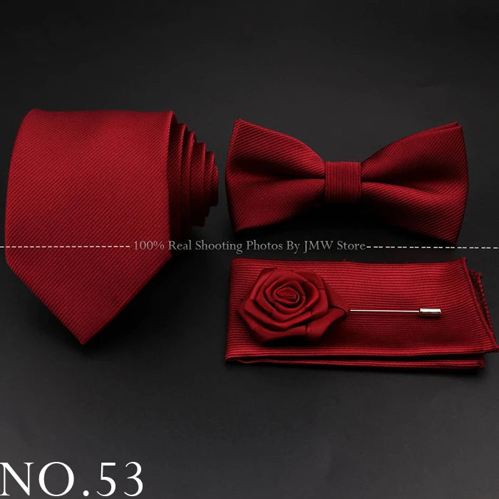 Hot Sale Red Blue Tie Set Polyester Slim Striped Necktie Bowtie Cufflink Brooch For Groom Suit Wedding Cravat Shirt Accessory