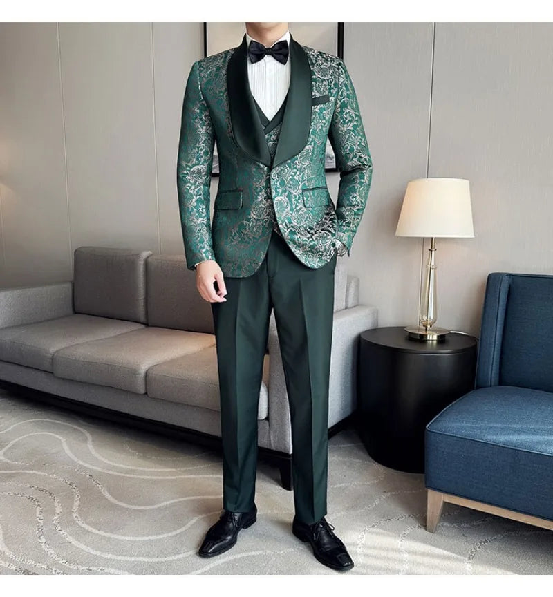 Spring 2025 Men's British Style Business Casual Three-Piece Suit Vest Trousers High-Density Jacquard Wedding Dress
