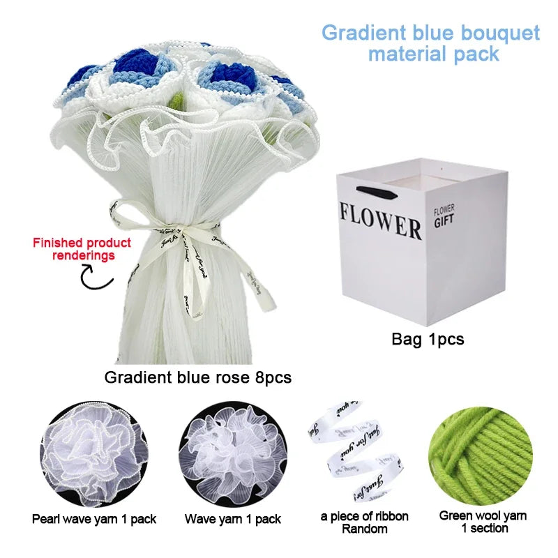 Handmade Knitted Crochet Artificial Rose Bouquet DIY Material Pack Wedding Decoration Bride Holding Flowers Valentine's Day Gift
