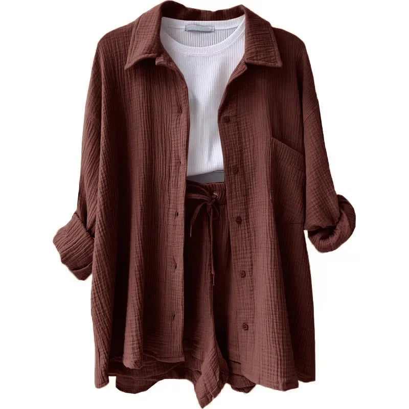 Short Sets Women Tracksuit Single Breasted Cardigan Blouses Two Pieces Shorts Loose Button High Street Solid Pockets Folds