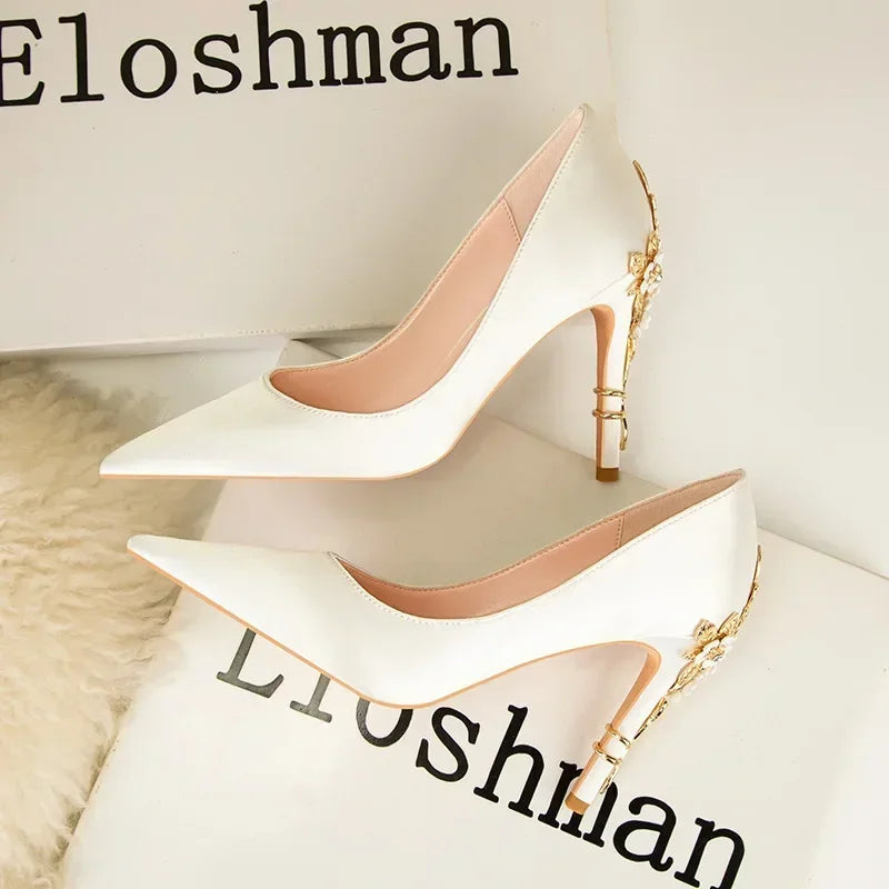 Women's Metal Flowers Stiletto High-heel Shoes Female Light Luxury Sexy Fashion Wedding Shoes Pointed Toe Satin Single Shoes