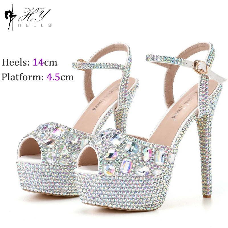 Fashion Diamond Wedding Shoes Ladies 14cm Heels Open-toed High-heeled Waterproof Platform Party Shoes Women