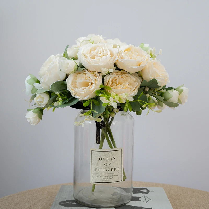 5 Flower Heads Artificial Wedding Rose Flowers Decoration Bride Holding Flower Bouquet Home Room Table Decor