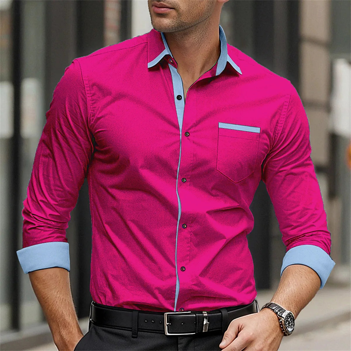 Men's formal shirt solid color splicing business casual printed shirt for spring and summer daily wear pocket comfortable shirt