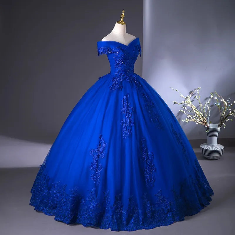 Royal Blue Off The Shoulder Lace Wedding Dress Appliques Beading Bride Dress Vintage Bridal Dresses Plus Size Customized