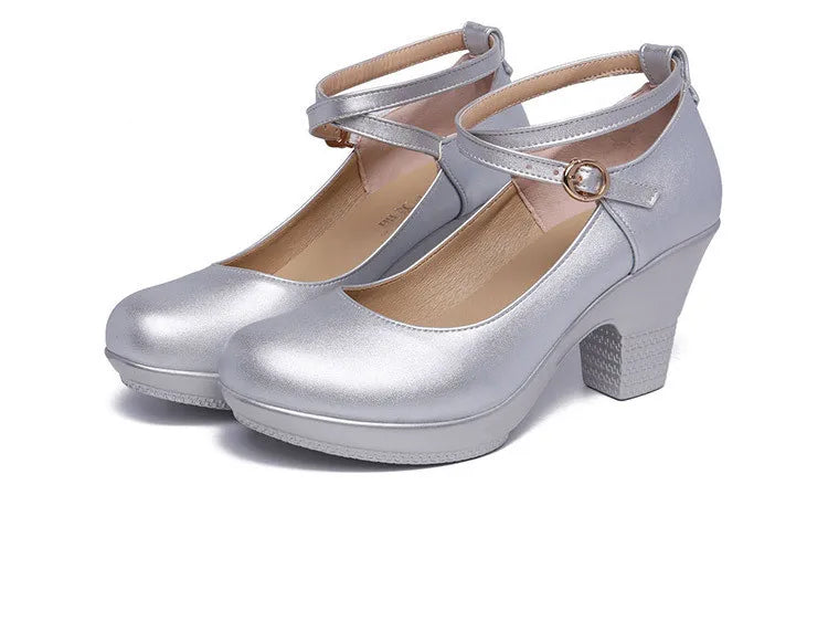 7cm Small Size 32-43 Gladiator Pumps Women Genuine Leather Shoes 2024 Med Block Heels Platform Shoes for Office Model Dance Mom