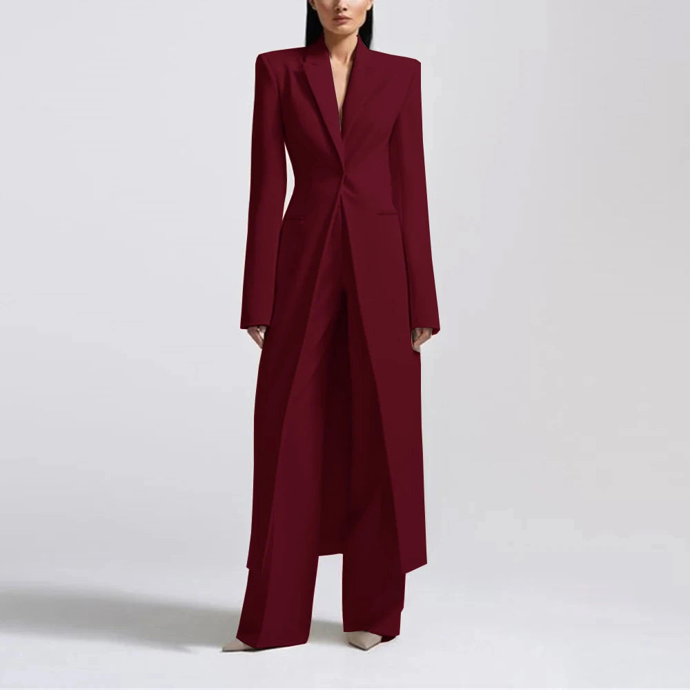 Fashion Beige Women's Blazer PantsSuit Peak Lapel Long Coat Wedding Formal Suits Office Lady Jacket Pant 2 Piece