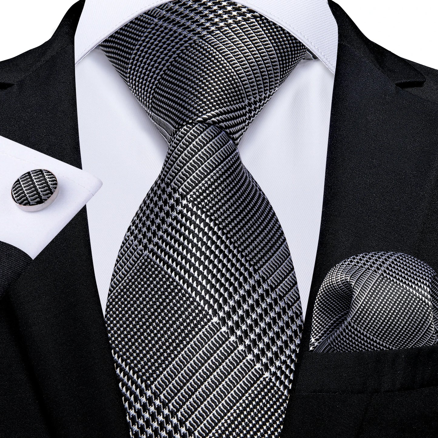 Solid Black Plaid Men's 8cm Polyester Neck Tie Handkerchief Cufflinks Set with Gift Box Tie Clip Birthday Anniversary Gift