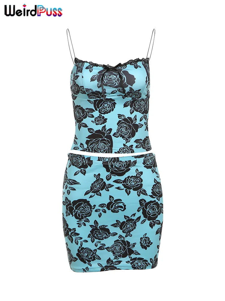 Weird Puss Flower Print Women 2 Piece Set Elegant Summer Trend Lace Bow Camisole+Peach Hip Skirts Matching Streetwear Outfits