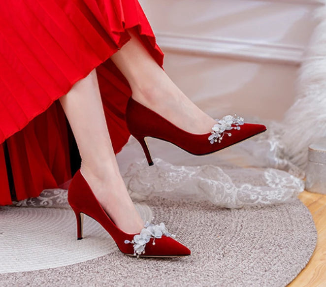 Wedding Shoes Women's 2024 Main Wedding Dress White High Heels Burgundy Xiuhe Bridal Shoes Mid Heel Plus Size Single Shoes