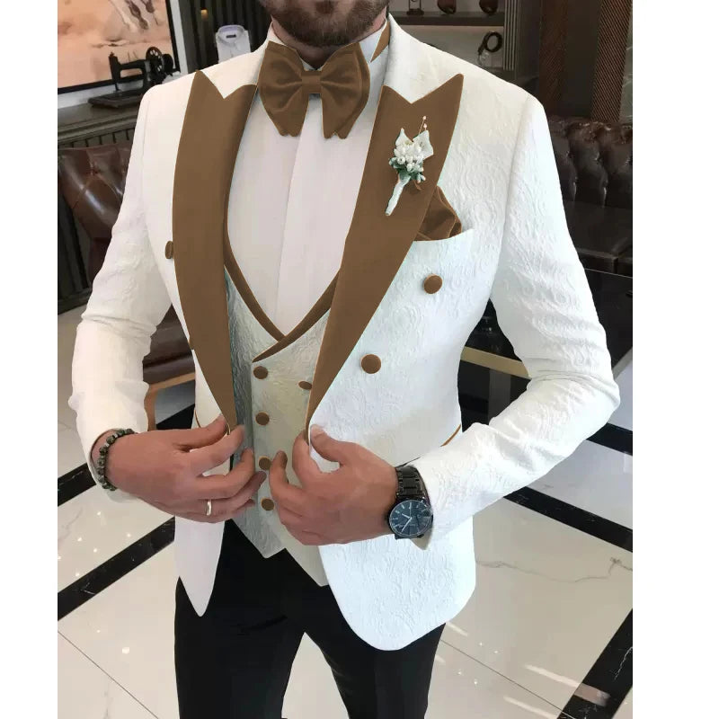 Men Wedding Suits 2024 Formal White Jacquard Men Suit Set Slim Fit Groom Tuxedos Groomsman Blazer Suits For Men 3 Piece