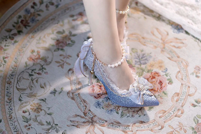 Lolita High Heels One Night Story Lolita Shoes Shiny Pointed High Heels Flower Wedding Ceremony 18 Year Old Slim Heels