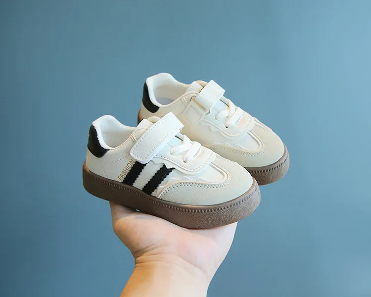Children Spring Autumn Fashion Soft Soled German Training Shoes Boy Casual Board Shoes Girls Velcro Sneakers Striped White Shoes