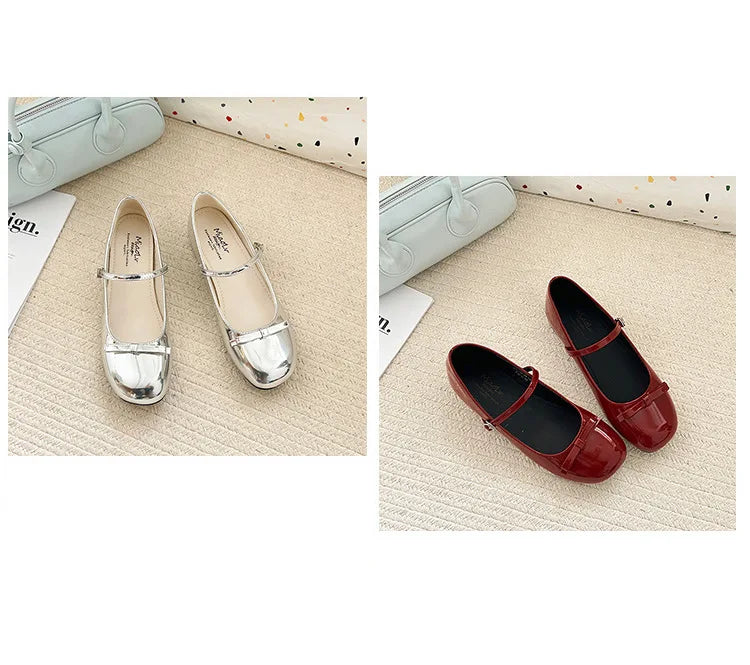 Spring Autumn Wine Red Mary Jane Shoes For Women Low Heel Fashion Butterfly-knot Roud Toe Female Eelgant Dress Leather Shoes