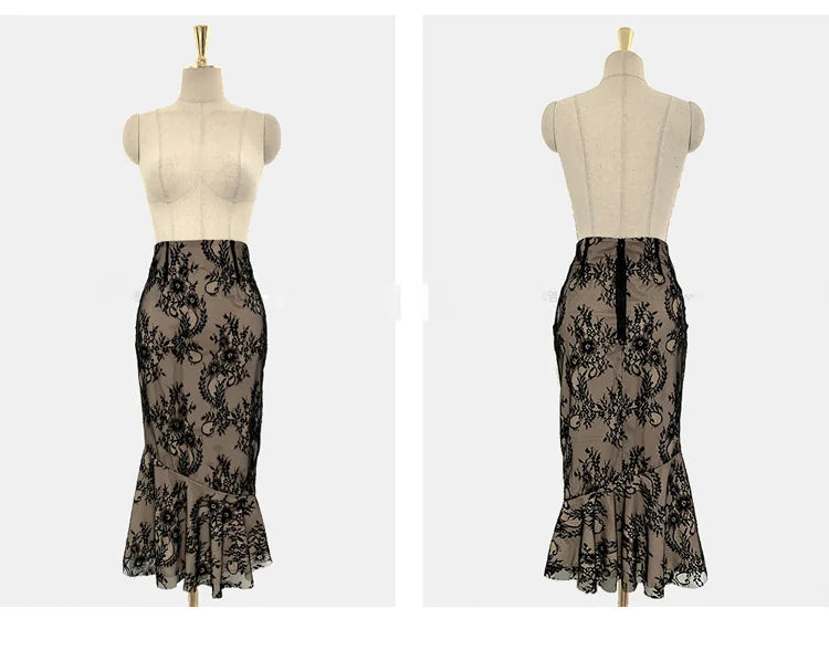Spring Professional Woman Lace 2 Pieces Set Simple Tops + Vintage High Waist Mermaid Skirt Korean Skirts Suits