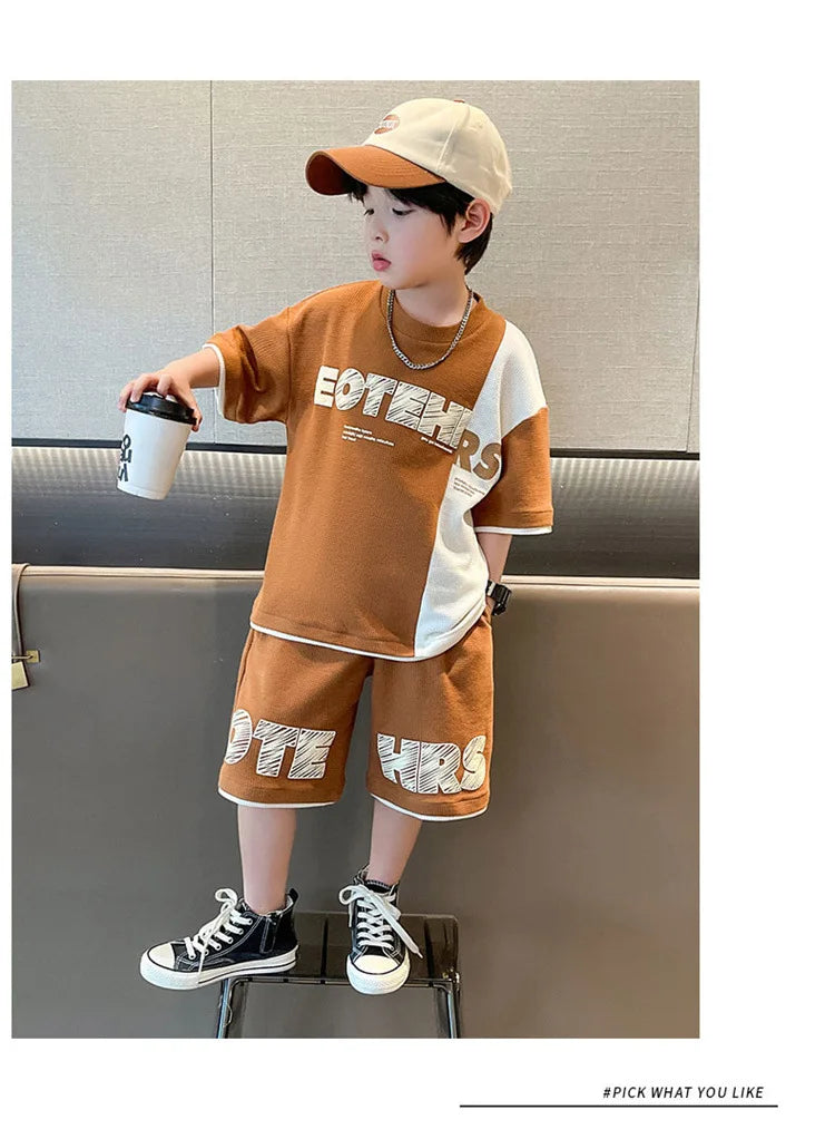 New Summer Teenagers Boys Clothing Sets Child Fashion Letter Top And Shorts 2Pcs Kids Tracksuit 4 5 6 7 8 9 10 11 12 13 14 Years