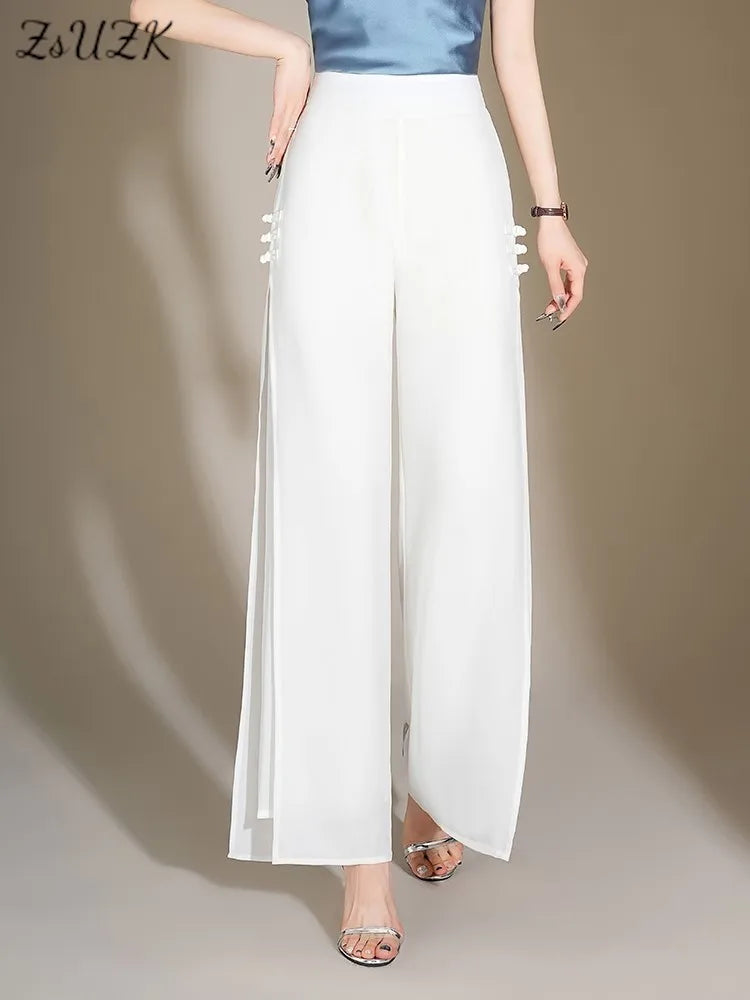 ZUZK Slit Chiffon Long Pants Summer Comfortable Elastic Waist Slim Double Layer Chiffon Pants Chic Droop Chinese Style Pants