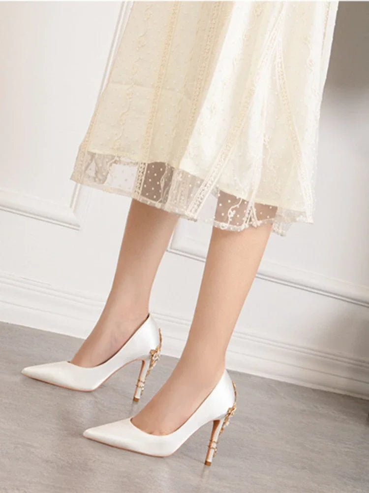 Women's Metal Flowers Stiletto High-heel Shoes Female Light Luxury Sexy Fashion Wedding Shoes Pointed Toe Satin Single Shoes