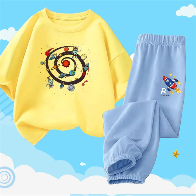 Boys Summer Clothes Set Kids Cartoon Space T shirts+Loose Harlan pants Suit 2PCS Pack Teens Sports Clothing Sets
