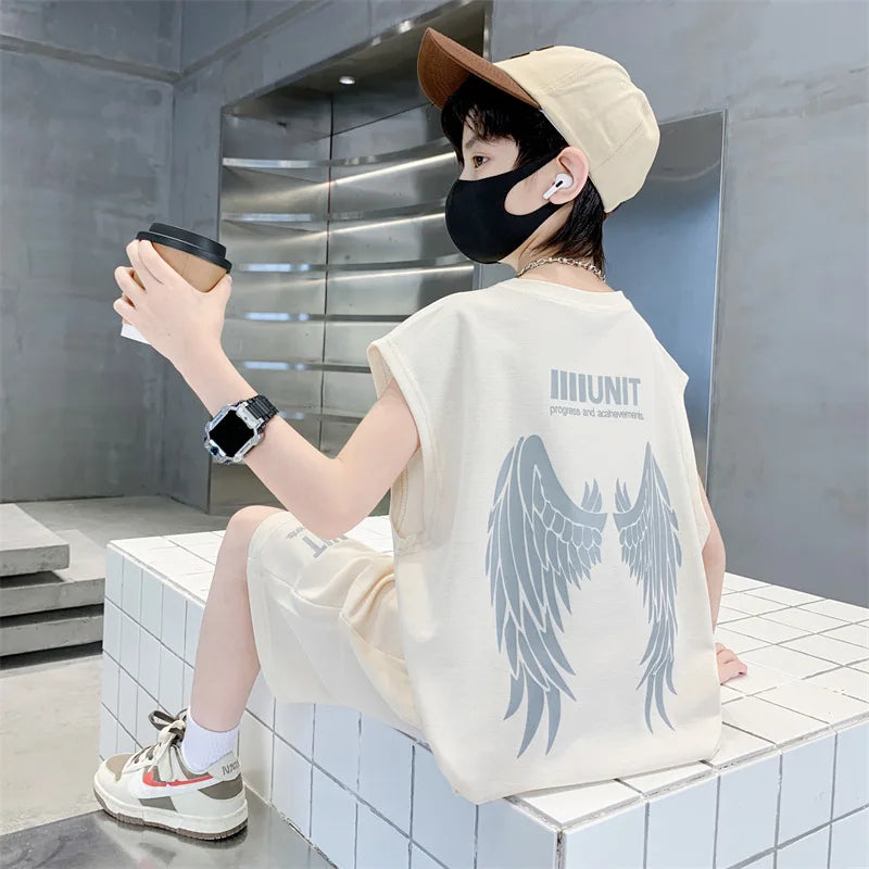 Boys Summer Suit New Children's Sleeveless Vest Sports Suit Fried Street Clothes Cool Handsome Summer Children's Clothing