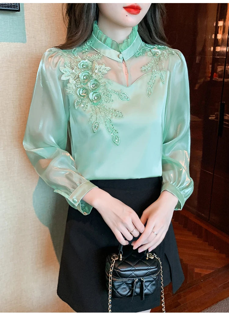 H Han Queen Elegant Autumn Shirt Embroidery Beads Chiffon Simple Office Blouse Loose Tops Long Sleeve Casual Blouses Women