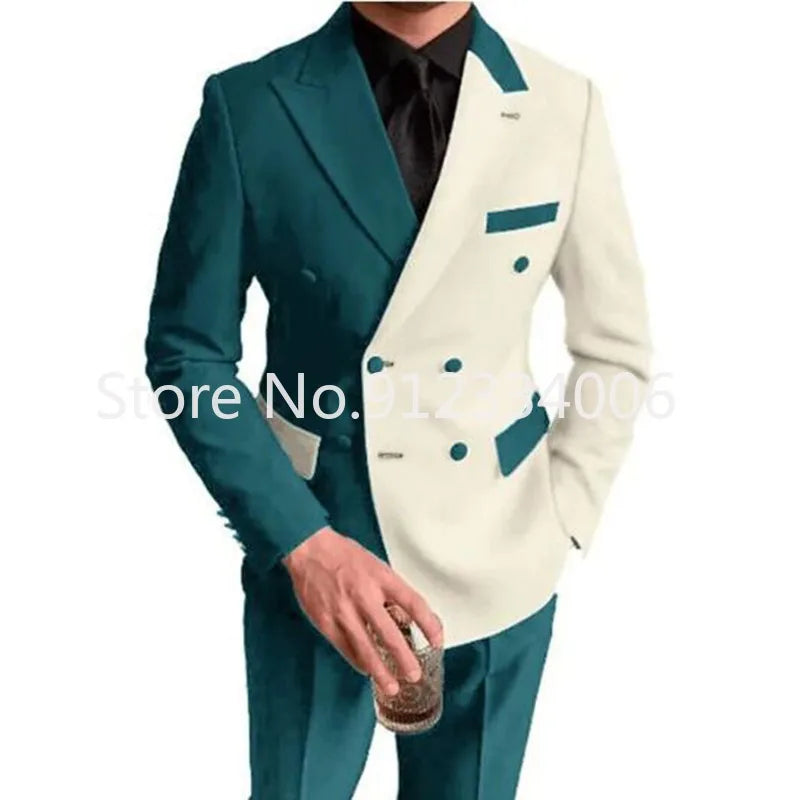Elegant Black White Men Suit Slim Fit Peak Lapel Double Breasted 2 Piece Formal Groom Wedding Tuxedos Blazer+Pants Costume Homme