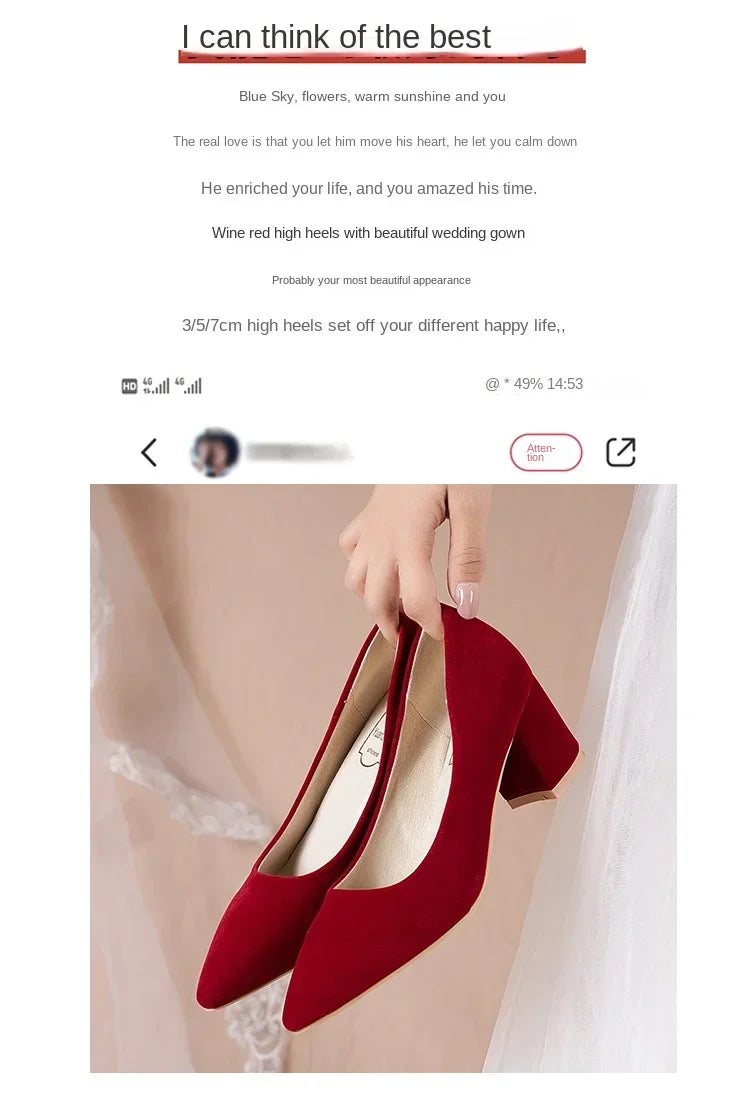 French Red Wedding Shoes for Women 2024 Spring/Summer/Autumn New Pointed Thick Heels Not Tiring Feet Bride Shoes