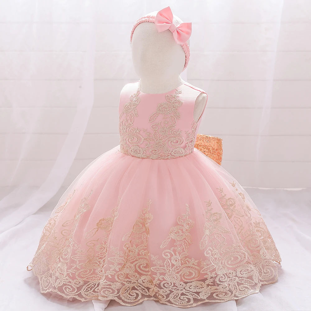 Gold Bow Flower Baby Dress for Girls Christmas Costumes 1st Birthday Party Princess Dresses Wedding Formal Evening Kids Clothing