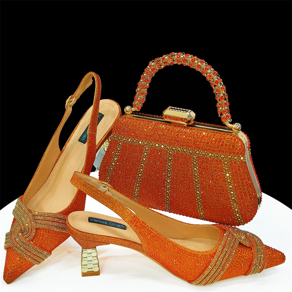 Venus Chan 2024 Special Design High Quality Orange Color African Women Shoes and Bag Set with Shinning Crystal for Wedding Party