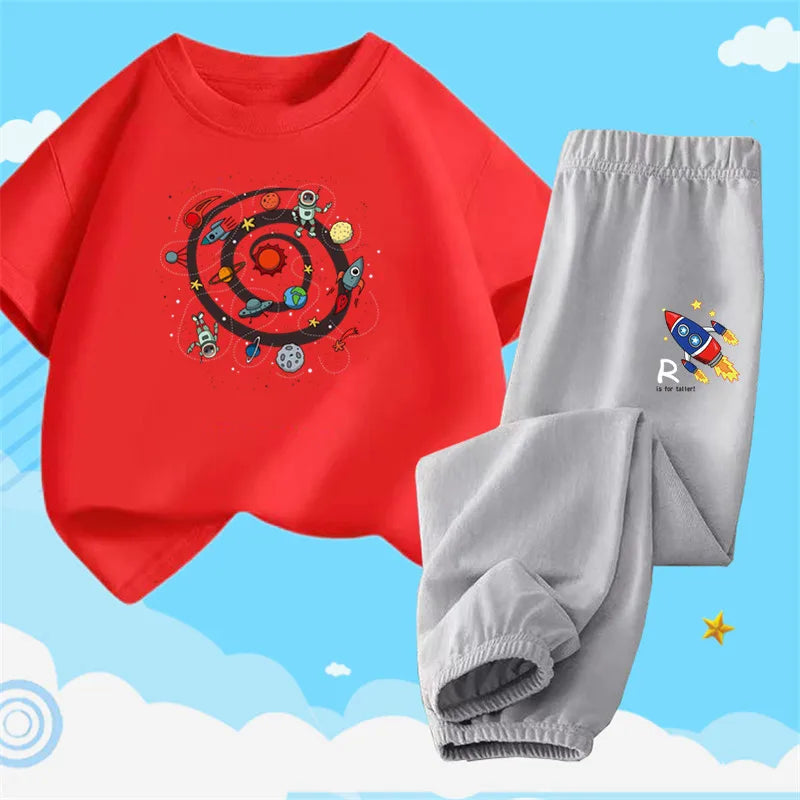 Boys Summer Clothes Set Kids Cartoon Space T shirts+Loose Harlan pants Suit 2PCS Pack Teens Sports Clothing Sets