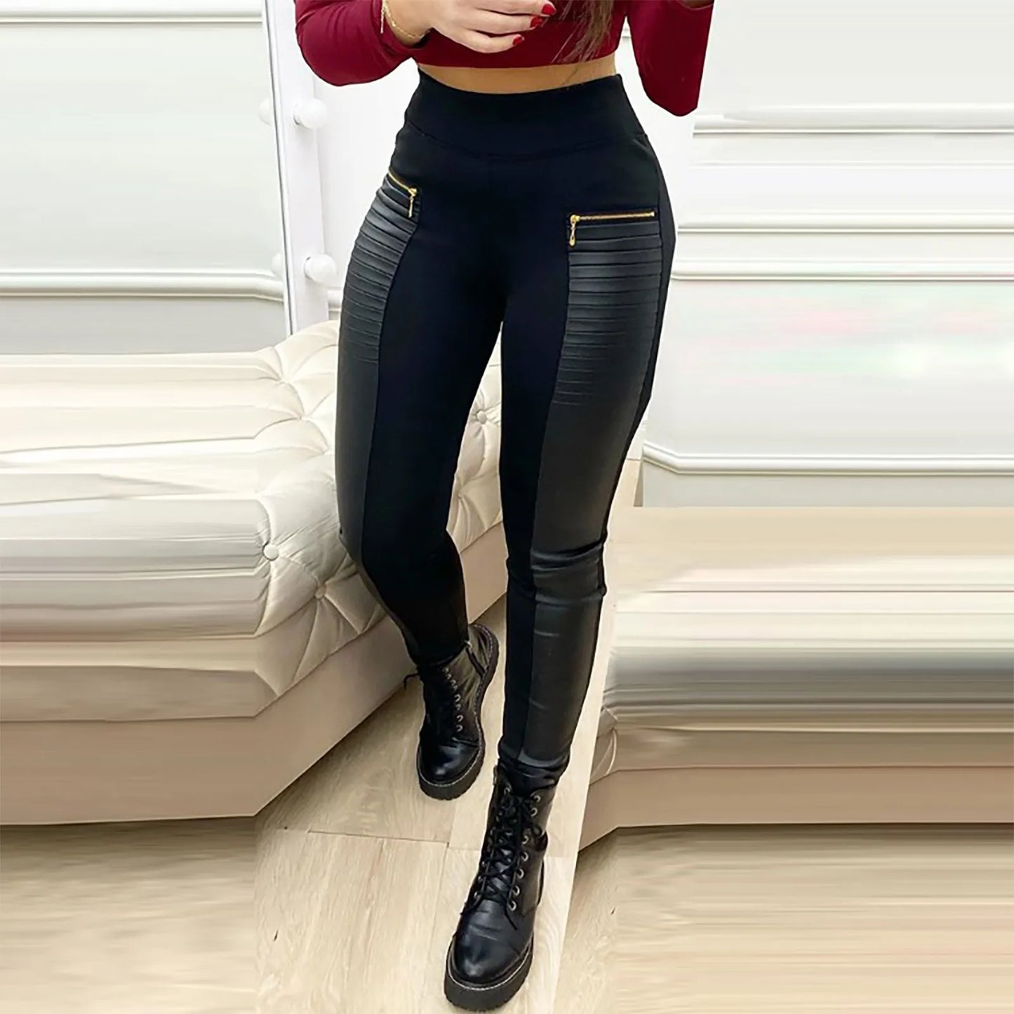 Sexy Fashion Women'S Faux Leather Pants Contrast Zipper Design High Waist Skinny Trousers High Waist Skinny Push Up Leggings