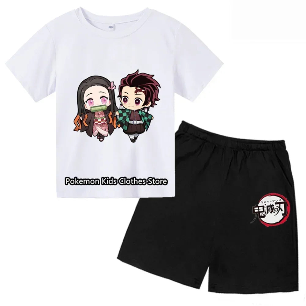 Boys Girls Clothes Set Summer Cartoon Demon Slayer T shirt+Short Pants 2pcs Children Clothing Teen 1 2 3 4-14 Year Kids Suit
