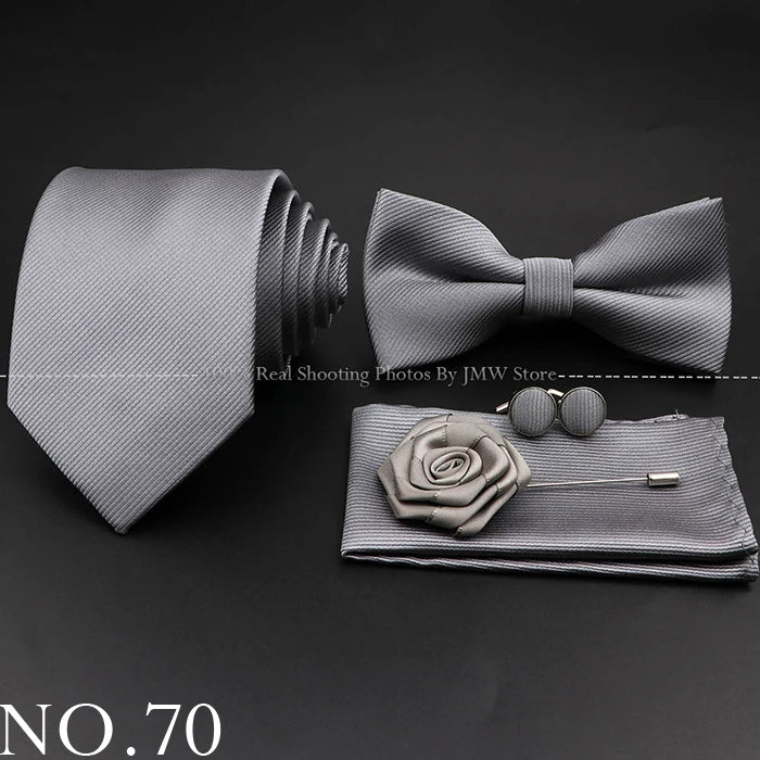 Hot Sale Red Blue Tie Set Polyester Slim Striped Necktie Bowtie Cufflink Brooch For Groom Suit Wedding Cravat Shirt Accessory