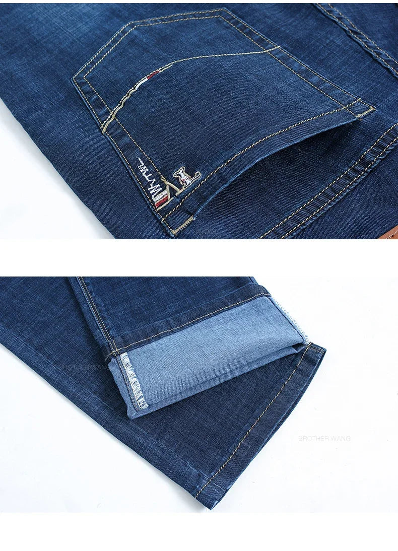 Summer Thin Men's Straight Jeans Classic Black Blue Stretch Casual Business Baggy Denim Pants Male Brand Trousers
