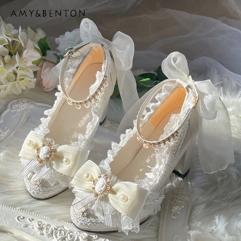 Original Handmade Lolita High Heels Heavy Industry Feather Stitching Pearl Bow Lace Platform Shoes Round Head Princess Heels