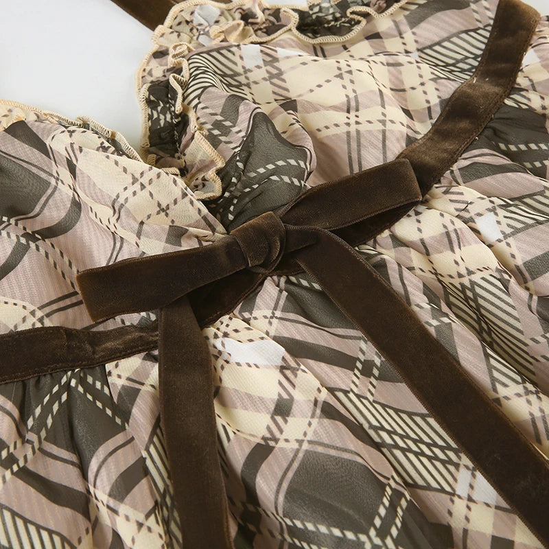 Sweet Plaid Bow Cute Simple Camisole Dresses Tops Fashion All-Match Retro Women Home Clothing