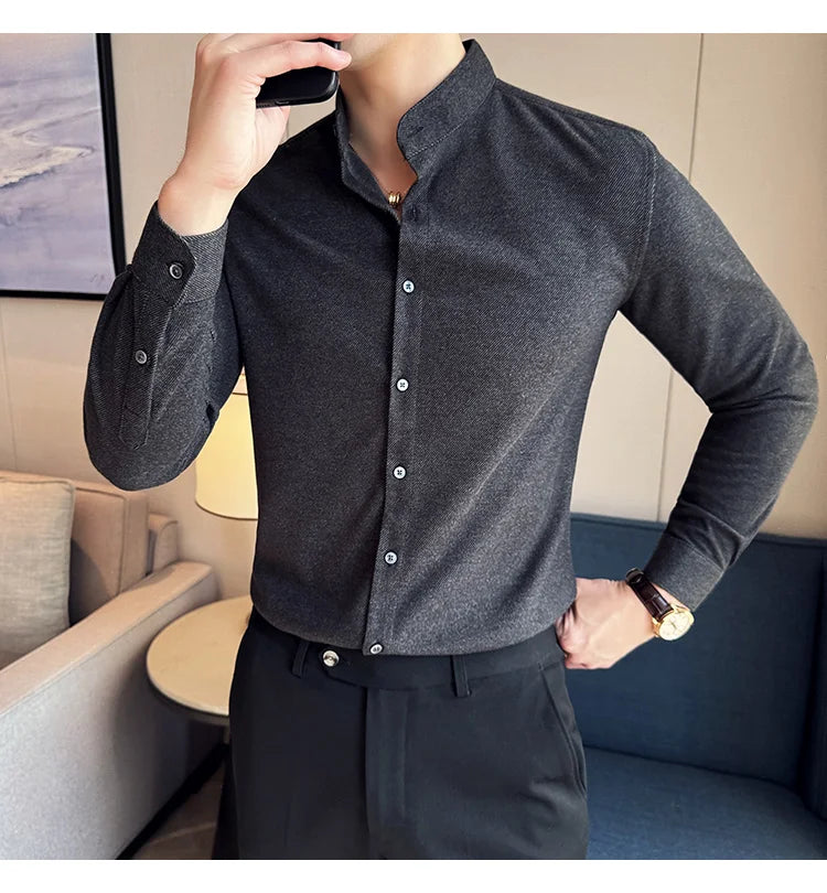 Winter Men Woolen Shirt with British Style Solid Casual Stand Up Collar Thick Warm Wool Formal Dress Shirt Fashion Men Clothing
