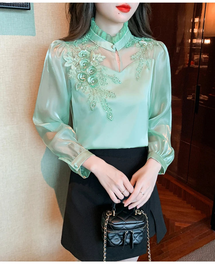 H Han Queen Elegant Autumn Shirt Embroidery Beads Chiffon Simple Office Blouse Loose Tops Long Sleeve Casual Blouses Women