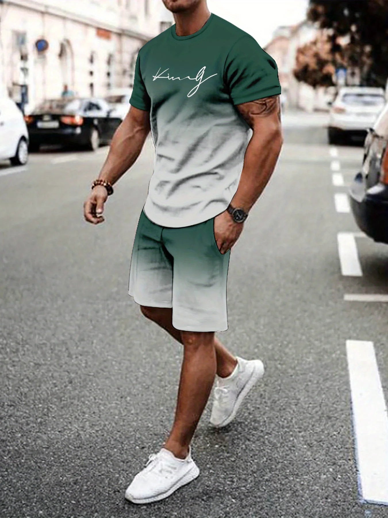 Casual sports suit breathable outdoor casual men's T-shirt five-point pants suit summer 3D printing suit male adult