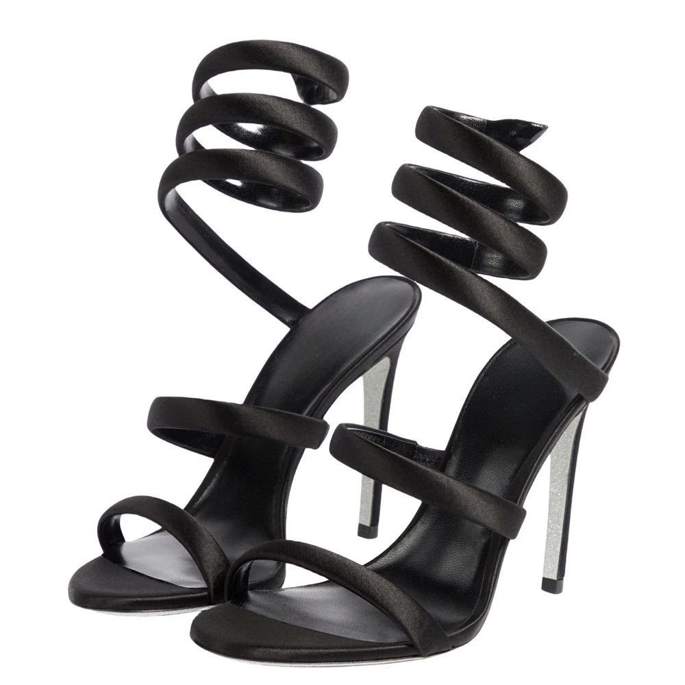 Summer new round toe silk ribbon snake-shaped wrapped sexy sandals thin high-heeled banquet dress large size women's shoes