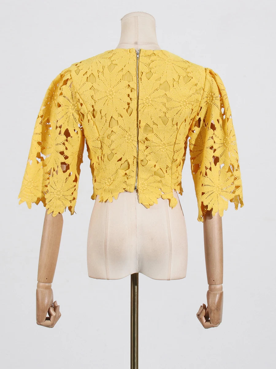 VGH Embroidery Two Piece Set for Women O Neck Batwing Sleeve Top High Waist Hollow Out A Line Long Skirt Elegant Suit Female New