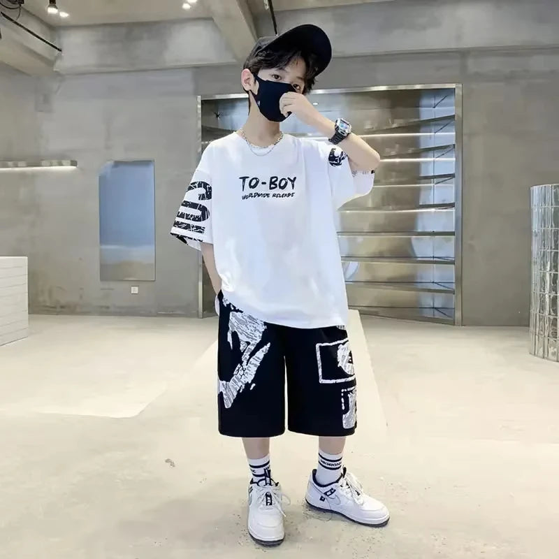 Boys' summer fashion casual sports 2-piece T-shirt+pants suitable for boys' hip-hop style fashion clothing set, lightweight and