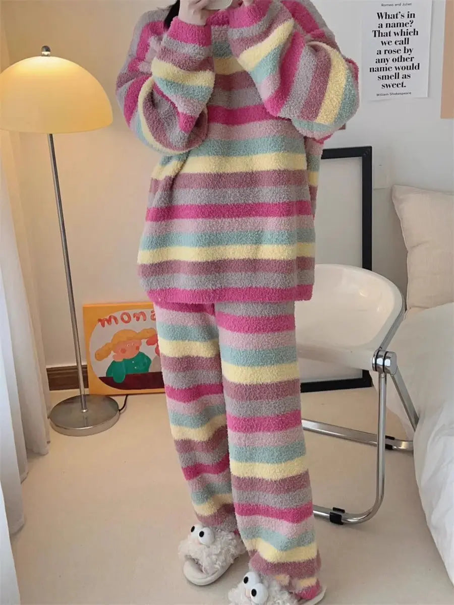 Winter Pajamas for Women: Cute Rainbow Pattern Korean Style Simple Half-Fleece Warm Pajamas Homewear Women's Winter Set