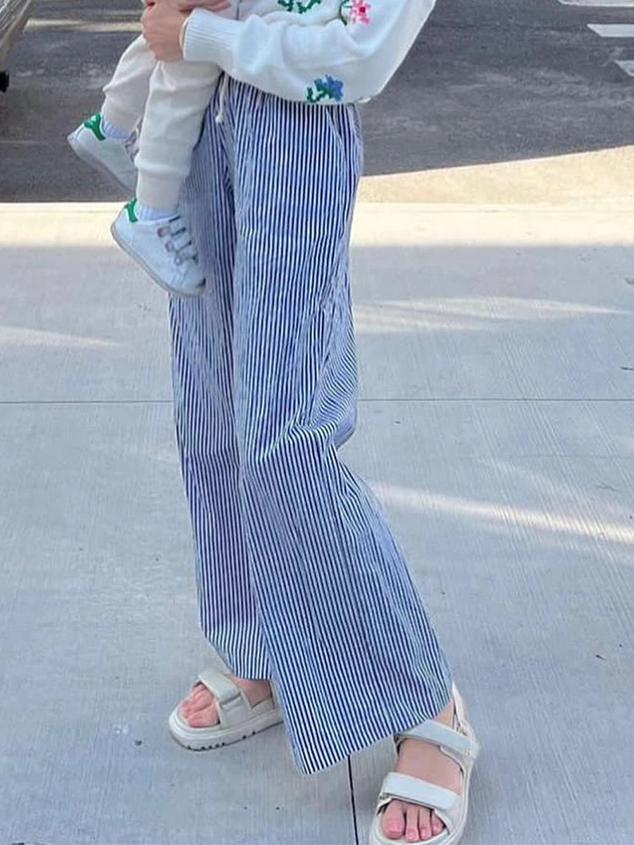 Combhasaki Women Y2K Aesthetic Wide-Leg Pants Stripe Drawstring High Elastic Waist Trousers Spring Fall Retro Sweatpants Bottoms