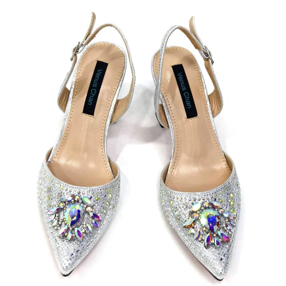 Nigerian Heel Party for Women Blue Color Shoes and Bag Set Rhinestone Handbag Italian Design Wedding INS 2025