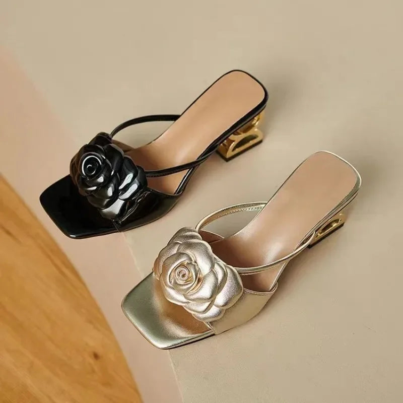 Women Shoes 2025 New Summer Big Size 34-42 Fashion Flowers Black Beige Gold Dress Party Wedding Female Sandals Shoes